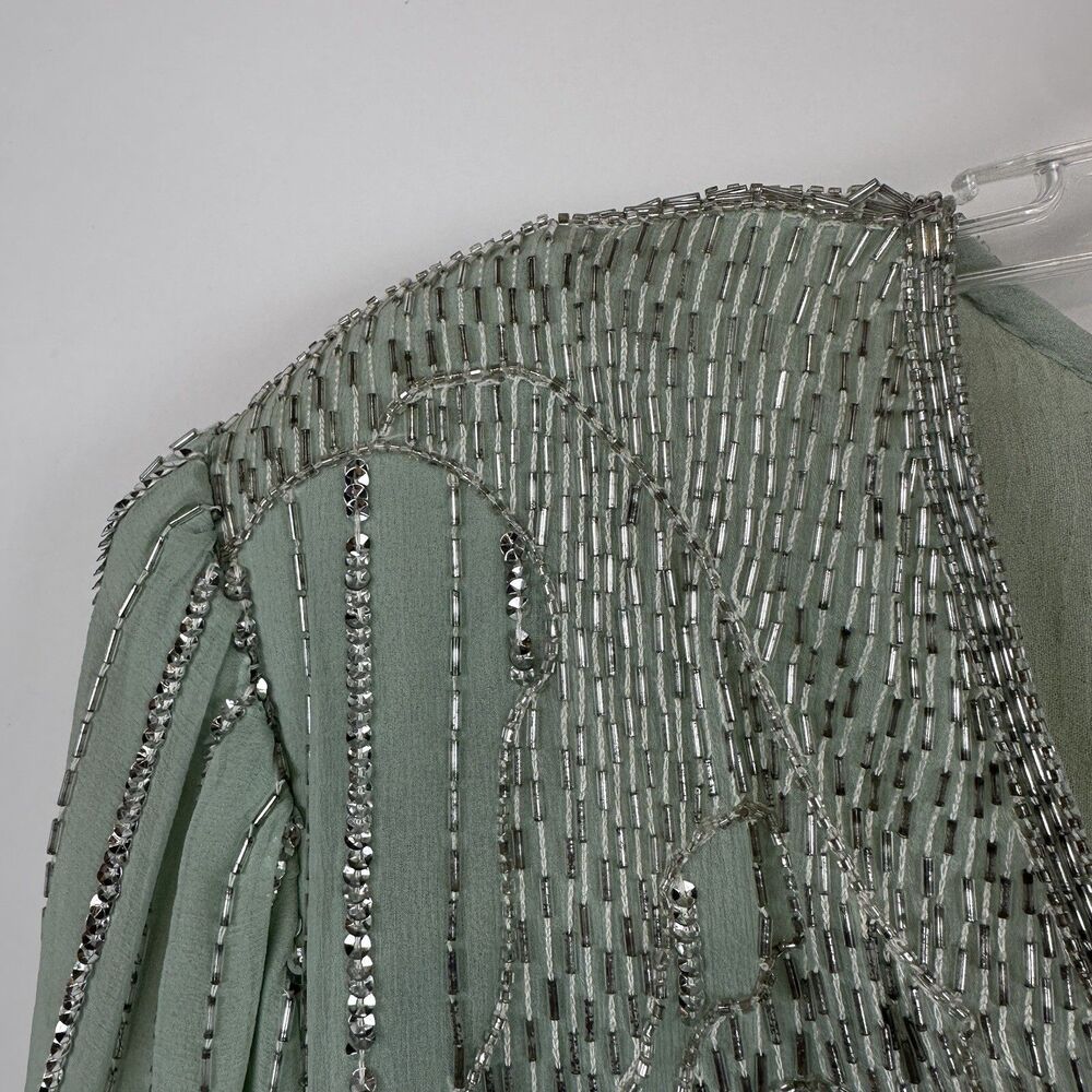 Judith Ann 2X Mint Green Silk Beaded Sequin Top Vintage 80s Glam Art Deco Blouse - Picture 9 of 10